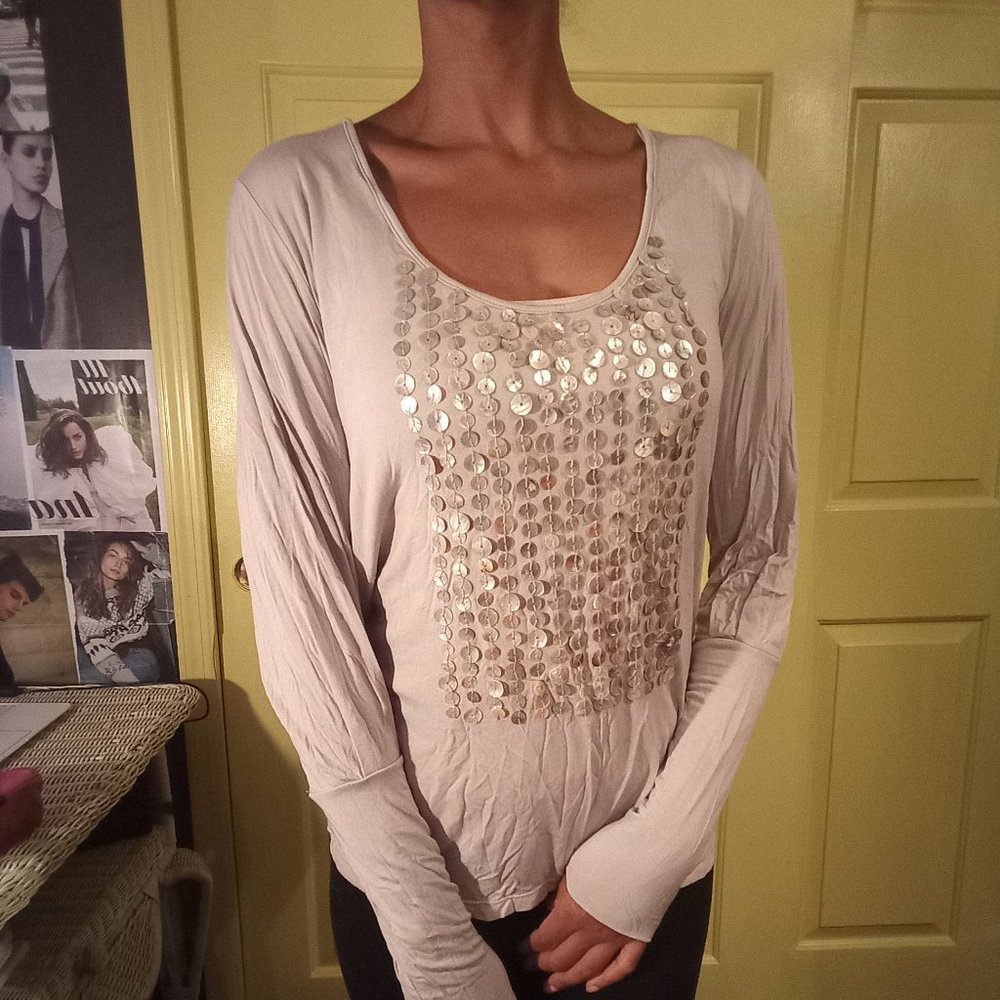 COVET brand long sleeve detailed front beaded blouse